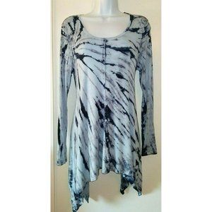 NEIMAN MARCUS- Small Blue Tie Dye Rayon Jersey Knit Swing Top w/ Shark Bite Hem